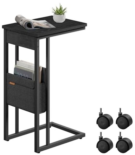 VASAGLE Beistelltisch, Sofatisch mit Rollen, C Form, Couchtisch klein, Stofftasche, verstellbare Füße, Schlafzimmer, Wohnzimmer, ebenholzschwarz LET357B56