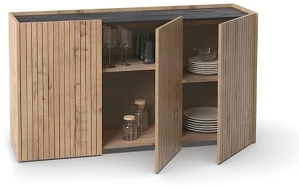 Muebles Pitarch | Sideboard für Wohn- und Esszimmer, Buffet, Beistellschrank, 3 Türen, Schwarz und Eiche Gold, Siebdruckstreifen, 80 x 140 x 40 cm, Speisekammer, Küche, Büro, Modern, Modell Irati