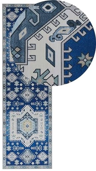 Teppich blau beige orientalisches Muster 60 x 200 cm Kurzflor PARVAKADLI
