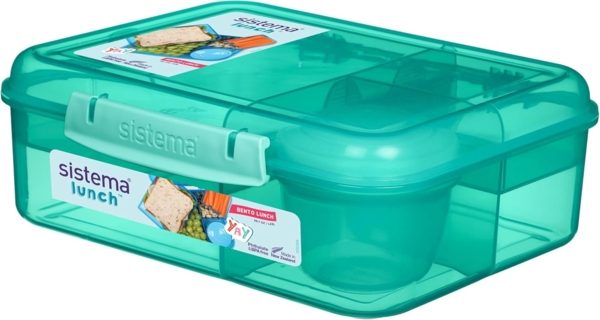 Lunchbox „Bento“ von Sistema - zum Mitnehmen mit Frucht/Joghurt-Becher, 1,65 l, plastik, Mehrfarbig, 18.5 x 21.8 x 7.7 cm