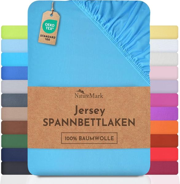NatureMark Jersey Spannbettlaken, Spannbetttuch 100% Baumwolle in vielen Größen und Farben MARKENQUALITÄT ÖKOTEX Standard 100 | 200x220 cm +40 Steg - türkis