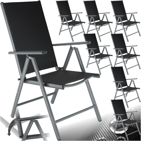tectake® Aluminium Gartenstuhl 8er Set, Klappstuhl mit 7-Fach Verstellbarer Rückenlehne, wetterfest, Camping Stuhl mit Armlehnen, für Garten Terrasse Balkon, Gartenmöbel Set mit 8 Stühlen - anthrazit