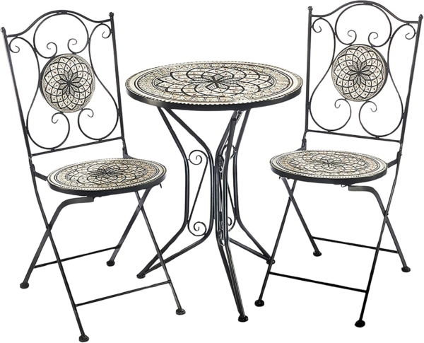 Kobolo Balkonset Sitzgruppe Gartenmöbel Tisch Stühle Metall Mosaik grau weiß, (3-tlg)