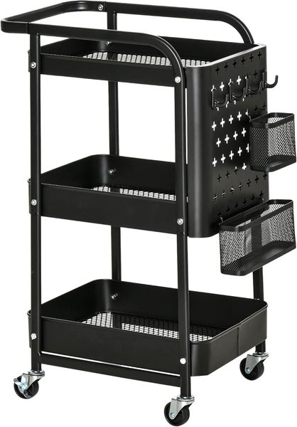 HOMCOM Servierwagen Küchenwagen mit 3 Ebenen, Rollen, Griff, (Rollwagen mit Haken und Korb, 1 St, Küchenregal), für Küche Büro Badezimmer, 51,5 x 32 x 75,6 cm, Schwarz