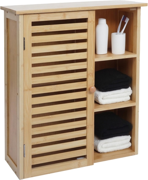 Hängeschrank HWC-O73, Badschrank Badezimmerschrank, Türe Staufächer Bambus 60x50x19cm