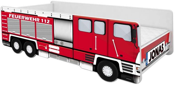 ACMA Kinderbett Auto-Bett Feuerwehr mit Rausfallschutz, Lattenrost und Matratze (160x80 + Name)