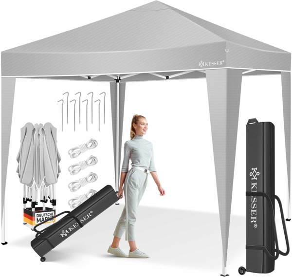 KESSER® Faltpavillon mit Tasche, ohne Beleuchtung, wasserdicht und UV-Schutz 50+, Metall / Polyester grau, 300x300 cm