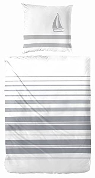 Hahn Renforcé Baumwoll Bettwäsche Streifen Segelschiff Weiss Grau 135x200 cm + 80x80 cm
