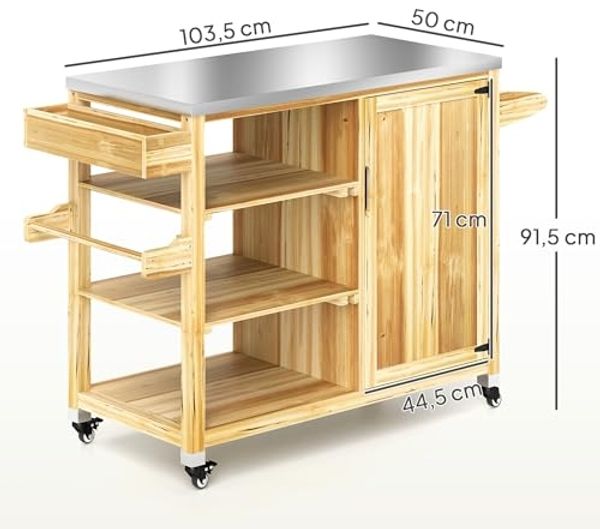 Outsunny Servierwagen 6-Etagen mit Arbeitsfläche Handtuchregal, aus Tannenholz, (BBQ Grilltisch, 1 St, Grillwagen), für Garten, Terrasse 134,5x50x91,5cm Naturholz Bild 7