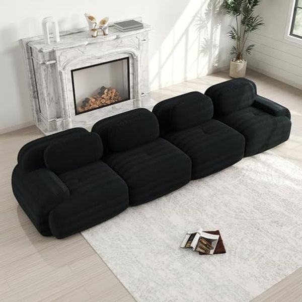 Ball & Cast Cord Sofa, Boneless Couch mit Ottomane, Ohne Montage, Sofa Modular mit Polsterung für Wohnzimmer, Schlafzimmer, Schwarz, 4 Sitze
