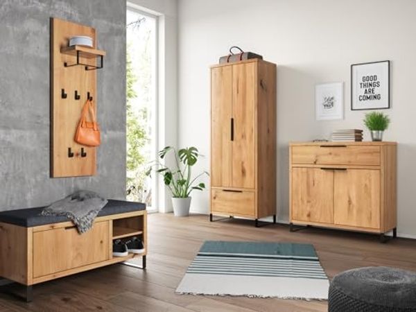 Flurset 4tlg. Wildeiche massiv 65x180x41 cm massivum Sydney Garderoben-Set Holz Flurmöbel mit Sitzbank Dielenmöbel braun
