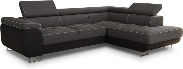 Ecksofa Caris mit Schlaffunktion und einstellbare Kopfstützen, Wohnlandschaft, Couchgarnitur, Bettkasten, Sofagarnitur, Couch, Sofa (Schwarz + Dunkelgrau (Soft 011 + Sawana 05), Ecksofa Rechts)