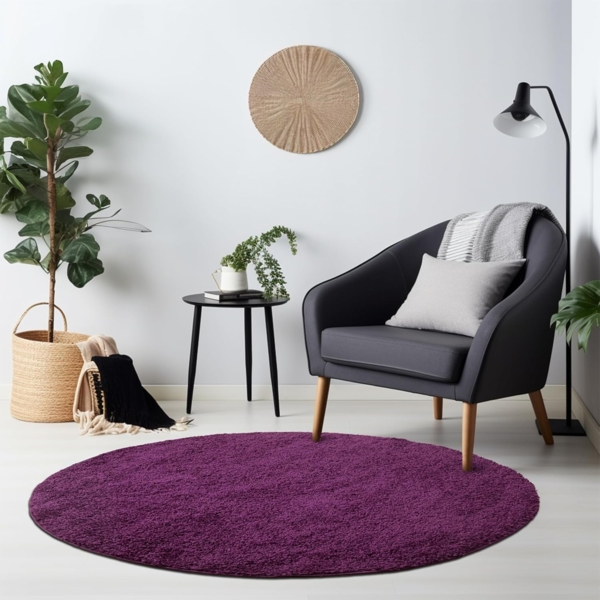 HomebyHome Teppich Rund Hochflor 120 cm Rund - Shaggy Runder Teppich Wohnzimmer Violett Extra Weich und Flauschig - Waschbarer Langflor Teppiche für Schlafzimmer, Küche, Flur - Carpet, Halı, Kilim Bild 1