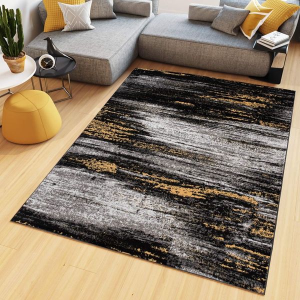 TAPISO Maya Teppich Kurzflor Modern Verwischt Meliert Streifen Design Schwarz Grau Gelb Weiß Wohnzimmer Schlafzimmer ÖKOTEX 160x230 cm