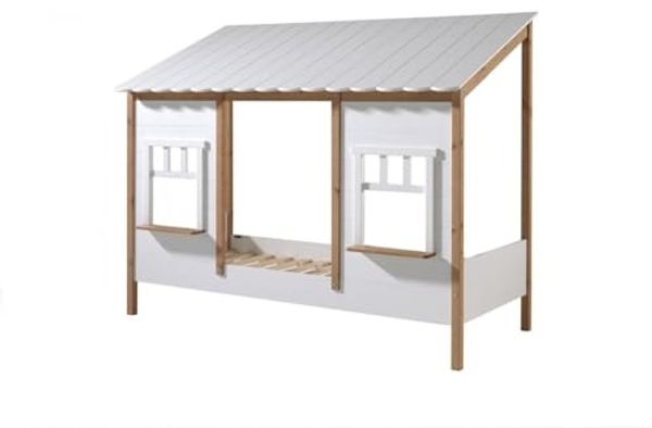 Vipack Landhausbett mit Lattenrost & Dach, teilmassiv Kiefer oak / weiß, 90x200 cm