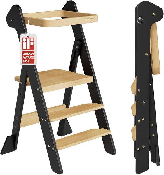COSYLAND Lernturm ab 1 Jahr klappbar – iF Design Award Gewinner, höhenverstellbarer Lernturm mit Sicherheitsnetz, Montessori Learning Tower/Lernstuhl für Kinder, Holz (Schwarz & Natur)