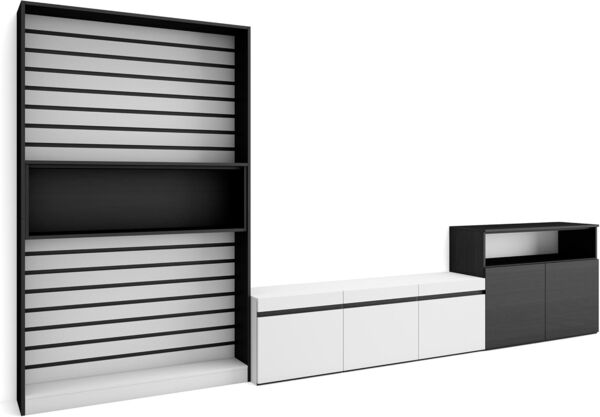 Skraut Home | Wohnwand Wohnzimmer | Wohnzimmermöbel, Möbelset | 360 x 186 x 35 cm | Für TV-Geräte bis zu 65" | Wohnzimmer Möbel | Moderner Stil | Weiß und Schwarz