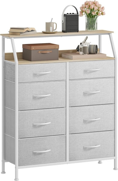 DWVO Kommode mit 8 Stoffschubladen und Griffen, Stabiler Stahlrahmen, Langlebig und Platzsparend für Schlafzimmer und Wohnzimmer,Hellgrau