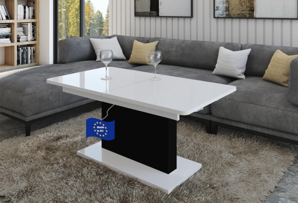 designimpex Couchtisch DC-1 Weiß Hochglanz-Schwarz matt stufenlos höhenverstellbar ausziehbar, Funktionstisch, Wohnzimmertisch, Tisch, Esstisch, Sofatisch