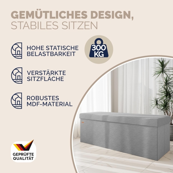 CASARIA® Sitzbank mit Stauraum Cord inkl. Boxen L Grau Bild 4