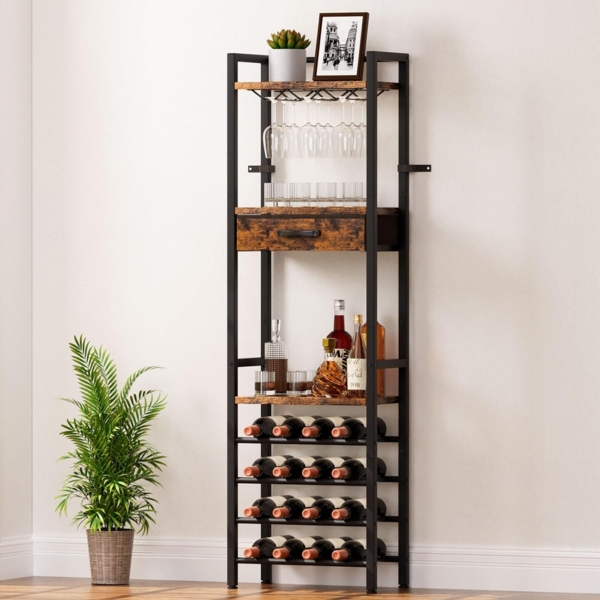 Yorbay Weinregal Vintage Design,Weinständer aus Holz& Metall für 16 Flaschen, 15 Gläser Weinregal mit Ablagefläche und Schublade, für Küche, Wohnzimmer oder als Geschenk