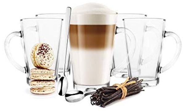 6 Latte Macchiato Gläser 300ml mit Henkel und 6 Löffeln, Tee-/ Kaffeegläser