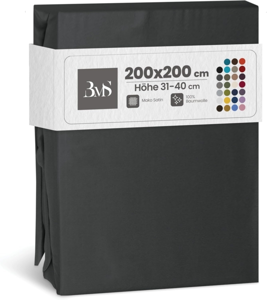 Bettwaesche-mit-Stil Mako-Satin Spannbettlaken anthrazit 200x200cm Höhe 31-40cm