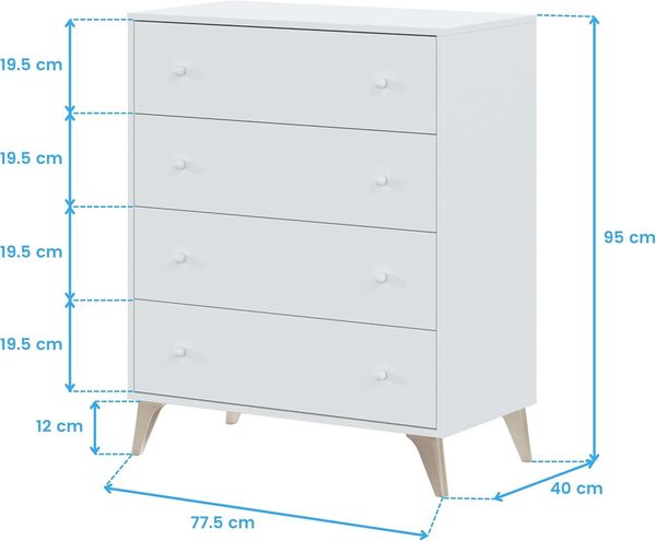 Habitdesign 007804A - Kommode mit 4 Schubladen, Sinfonier, Sweet, Artik White Farbe, Maße: 77,5 cm (Länge) x 40 cm (Tiefe) x 95 cm (Höhe) Bild 3