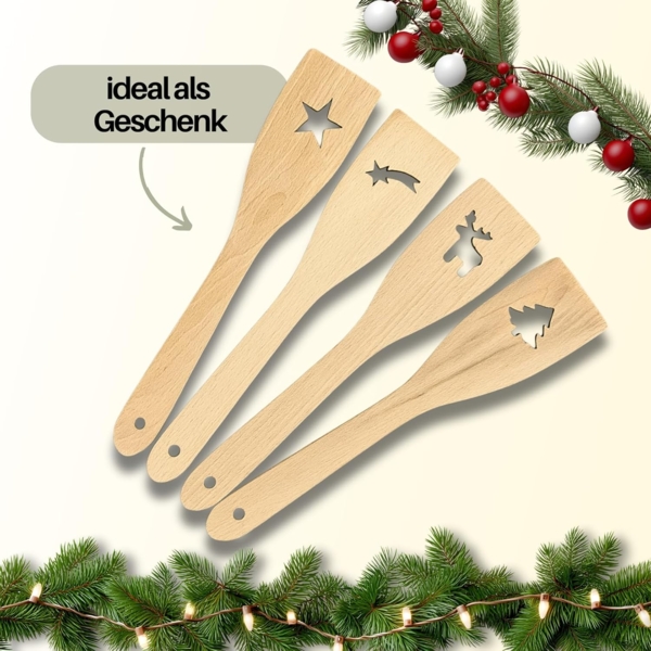 homiez Pfannenwender 4-er Set Weihnachtsmotive Buchenholz 30 cm, BPA-frei Bild 6