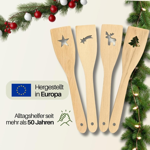homiez Pfannenwender 4-er Set Weihnachtsmotive Buchenholz 30 cm, BPA-frei Bild 2
