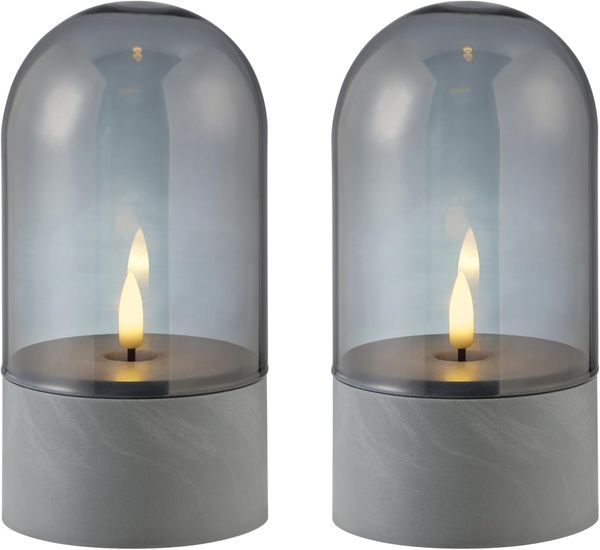 Brilliant LED Tischleuchte Illusion mit Batterie (exkl), LED fest integriert, LED-Kerzen Tischleuchten 2er-Set, 16x8 cm, Rauchglas, 2500 K, grau