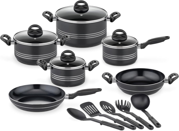 GSW Topf-Set Milano Nero, Aluminium (Set, 15-tlg, je 1 Kochtopf 16/20/2 cm, 1 Stielkasserolle 16cm, je 1 Pfanne 24/28cm), Induktion, inkl. 5-teiliges Küchenhelfer-Set