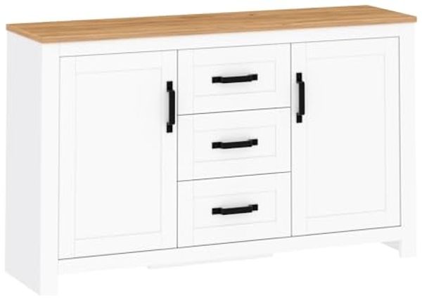 Kommode Sideboard Lanzette 150 x 40 x 89 cm Alaska weiß matt Wildeiche Gold