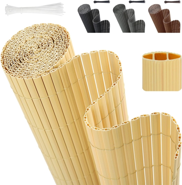 Sekey PVC Sichtschutzmatte 100x500 cm Doppelte Verstärkung Innen, Balkon Sichtschutz mit Kabelbindern, Sichtschutzzaun Windschutz Wasserdicht ohne Bohren für Balkon Garten, Bambus