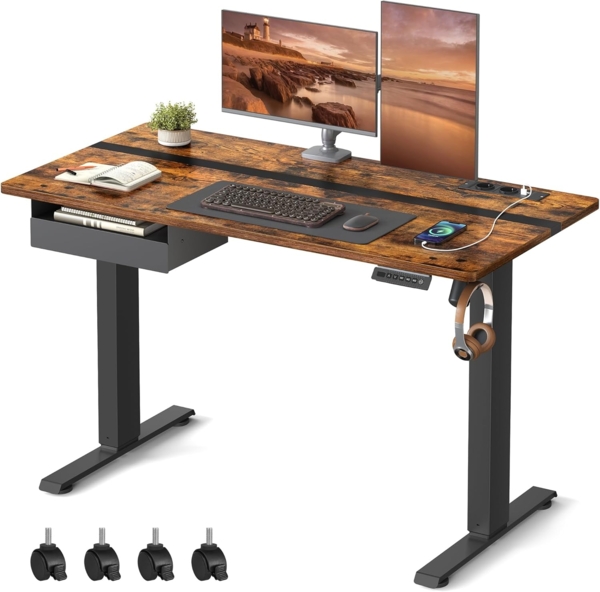 Vasagle Höhenverstellbarer Schreibtisch elektrisch, mit Steckdose und Schublade, stufenlos verstellbar, Memory-Funktion mit 4 Höhen, vintagebraun-schwarz, Tischoberfläche 60x120 cm