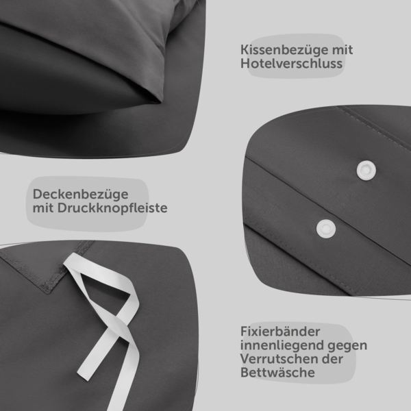 Blumtal Bettwäsche 135x200 4teilig - aus Atmungsaktivem Mikrofaser - 2X Bettbezug 135x200 cm + 2X Kissenbezüge 80x80 cm - Superweiches Bettwäsche-Set, Oeko-Tex Zertifiziert - Anthrazit Bild 4