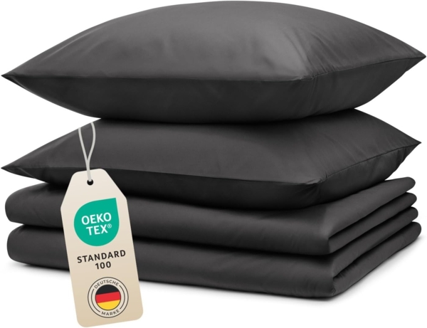 Blumtal Bettwäsche 135x200 4teilig - aus Atmungsaktivem Mikrofaser - 2X Bettbezug 135x200 cm + 2X Kissenbezüge 80x80 cm - Superweiches Bettwäsche-Set, Oeko-Tex Zertifiziert - Anthrazit Bild 1