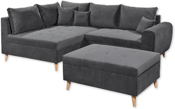 CALANDA Ecksofa mit Hocker, Stoffbezug Anthrazit - Moderne Eckcouch mit Kissen & Massivholz Füßen - 249 x 94 x 175 cm (B/H/T)