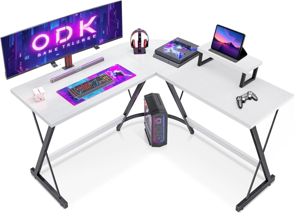 ODK Gaming Schreibtisch, Computertisch, Eckschreibtisch Weiß mit runder Ecke, Gaming-Tisch mit Monitorablage, 127x127 cm