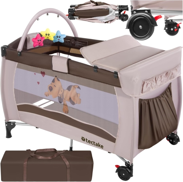 Kinderreisebett Hund 132 x 75 x 104 cm mit Wickelauflage und Transporttasche - braun