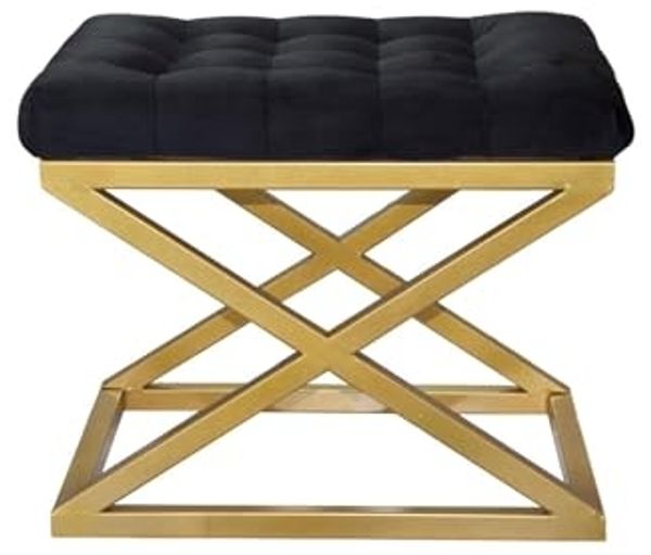 Atelier Del Sofa Stylish Pouffe with Metal Frame, 50 cm Width, 42 cm Height, 40 cm Depth | 100% Polyester Babyface, Grey with Gold & Black Accents | Perfect for Modern Decor