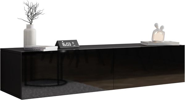 Mirjan24 TV Schrank Vigo, Fernsehschrank, TV Lowboard mit Grifflose Öffnen, Hängeschrank Hochglanz Matt Wohnwand (Länge: 140 cm, Schwarz/Schwarz Hochglanz)