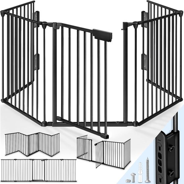 KIDUKU® Kaminschutzgitter mit Tür Metall 305 cm | Absperrgitter Ofenschutzgitter faltbar | Konfigurationsgitter inkl. 5 Elementen (Schwarz)