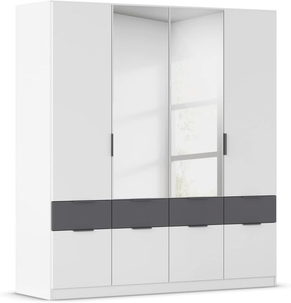 Rauch Möbel Dundee, Kleiderschrank, Schrank, Garderobe, Organizer, 4-türig, Spiegel, 8 Schubladen für mehr Stauraum, Farbe Weiß/Grau metallic, Schwarz, Kurze Griffleiste Grau metallic, 181 x 197 x 54 cm