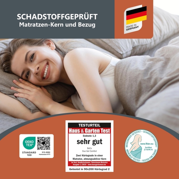 Kaltschaummatratze BeCo Duo Gel Comfort, Testurteil SEHR GUT (1,3)* 20cm ergonomische Komforthöhe Größe 90 x 200 cm Härtegrad H3 (80 kg - 120 kg) Bild 3