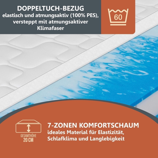 Kaltschaummatratze BeCo Duo Gel Comfort, Testurteil SEHR GUT (1,3)* 20cm ergonomische Komforthöhe Größe 90 x 200 cm Härtegrad H3 (80 kg - 120 kg) Bild 6