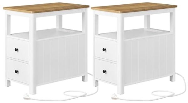 VASAGLE Beistelltisch, 2er Set, schmaler Nachttisch mit Steckdosenleiste, 2 Schubladen, Sofatisch, für kleine Räume, maritimer Stil, walnussbraun-weiß LCTDE649W01