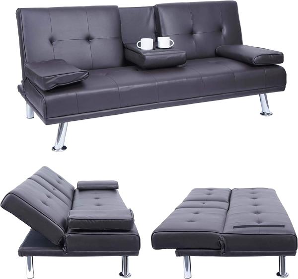 3er-Sofa HWC-F60, Couch Schlafsofa Gästebett, Tassenhalter verstellbar 97x166cm ~ Kunstleder, braun