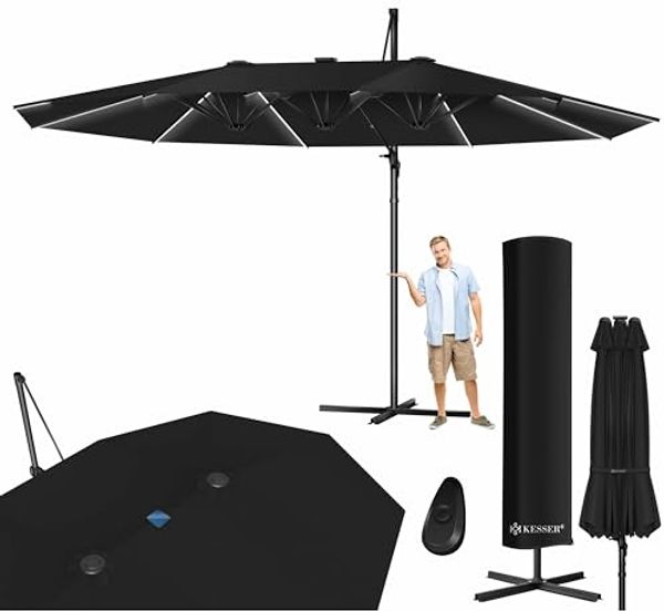 KESSER® Sonnenschirm Doppelsonnenschirm 4,6m x 2,7m | Ampelschirm Abdeckung & Windsicherung mit Kurbel & Ständer | Kurbelschirm Aluminium wasserabweisend | Neigbar Kippbar 360° Drehbar Schwarz, Mit LED