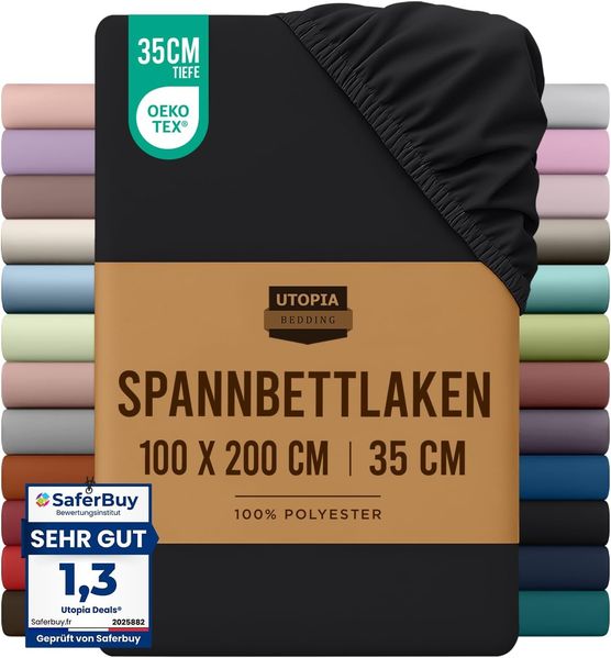 Utopia Bedding - Spannbettlaken 100x200 cm - Schwarz - Gebürstete Mikrofaser Spannbetttuch - 35 cm Tiefe Tasche